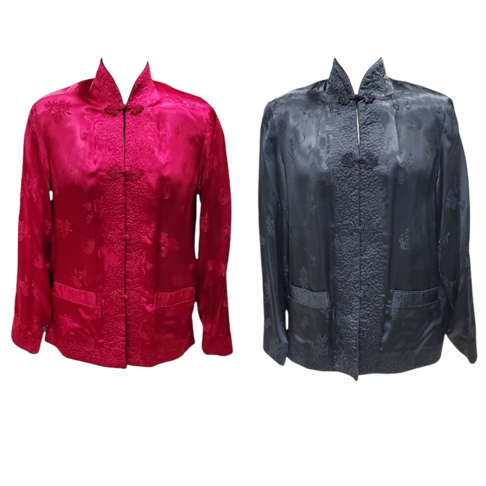 Peony Brand reversible jacket women's large fuchia black jacquard quilt oriental